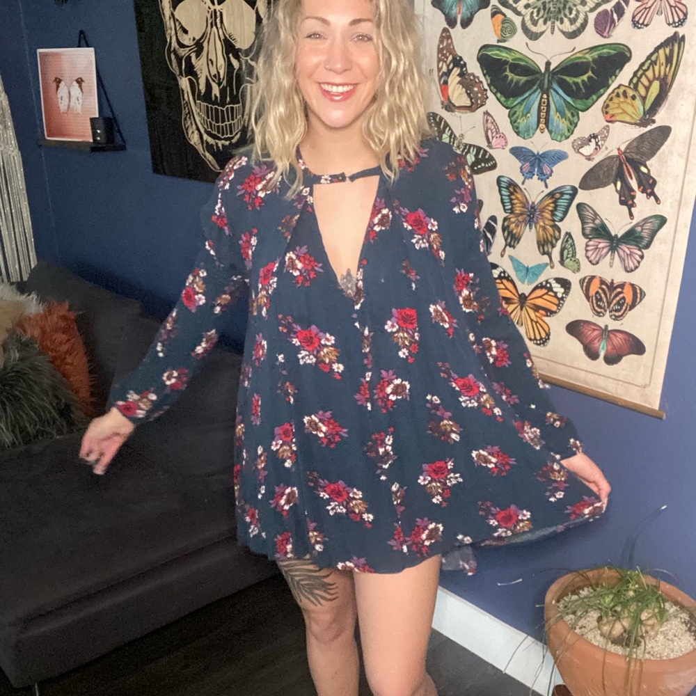 Front cut out floral print tunic dress teal